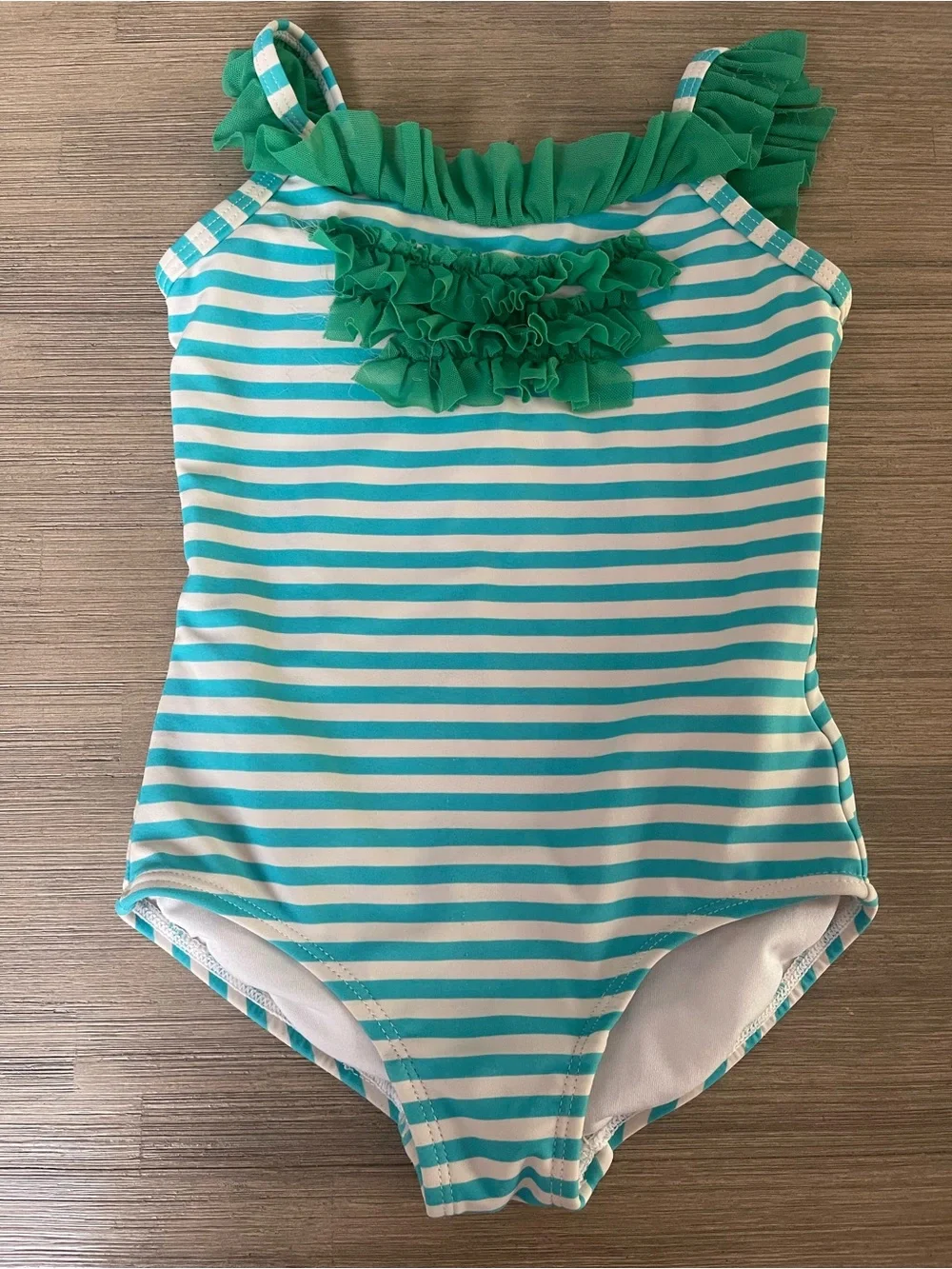 Vtg Hanna Andersson Teal White Striped Ruffle One-Piece Swimsuit Scoop Sz 90 3T